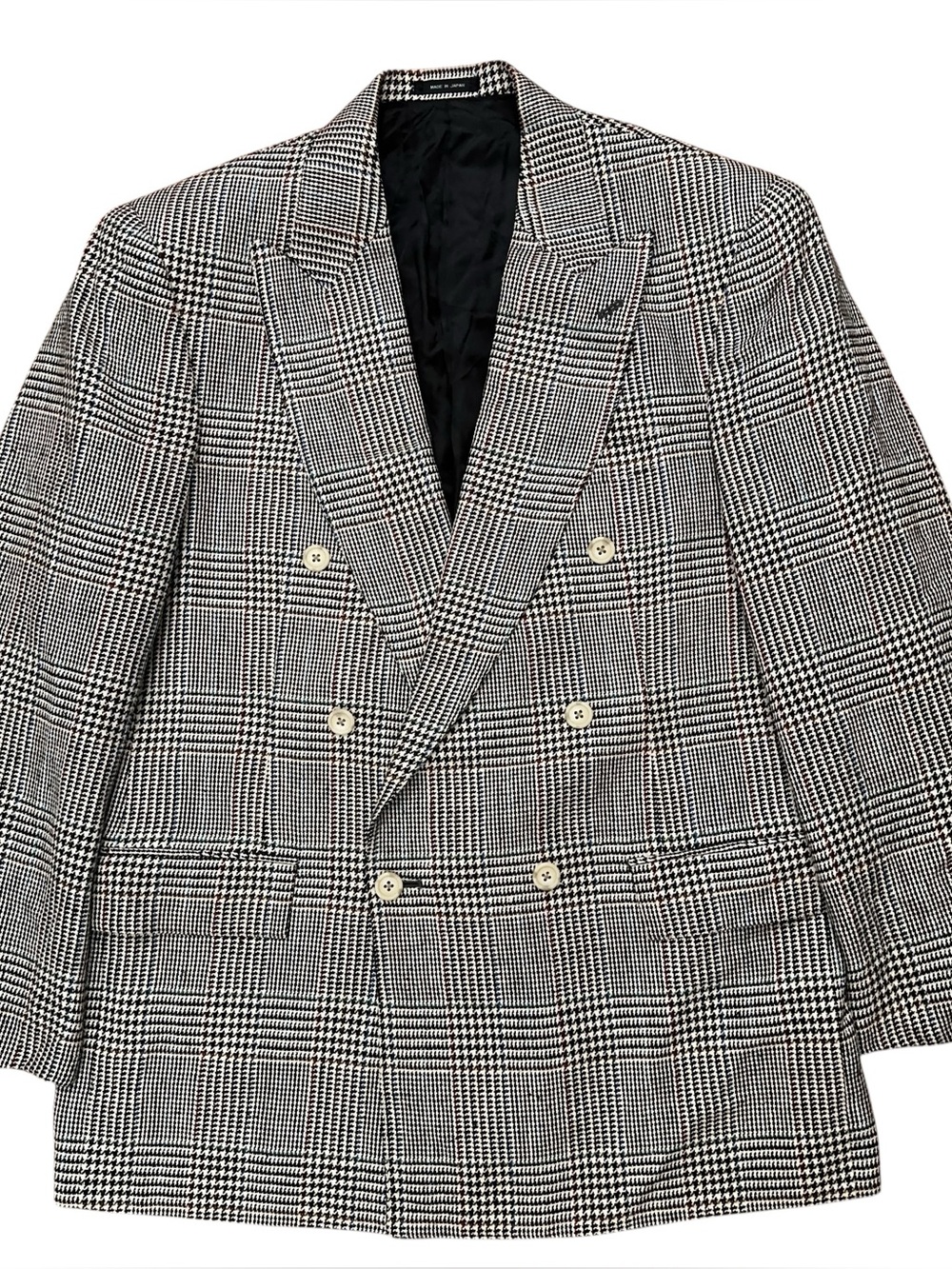 VTG 90s Blazer Jacket Double Breasted Silk Made Japan Houndstooth Gray Mens 42R